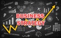 Inspirational Business Strategy background with business icons and Rising arrow graph symbol concept. chalkboard background With