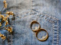 inspirational image of couple's rings with colour of denim jeans background