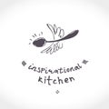 Inspirational kitchen. Illustration as a child`s drawing a funny winged spoon. Funny picture drawn by pencils.