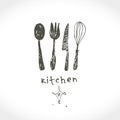 Inspirational kitchen. Illustration as a sketch of a kitchen utensils. Funny picture drawn by pencils.