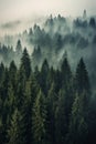 Inspirational landscape of majestic foggy pine trees forest. AI generated