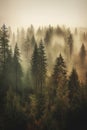 Inspirational landscape of majestic foggy pine trees forest. AI generated