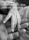 Inspirational mother quote- A mothers love endures through all. With blurry image of a fragile little baby new born hand and