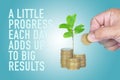 Inspirational motivating quote of a little progress each day adds up to big results with hand putting coin on stacks of profitable