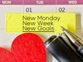 Inspirational and Motivational Concept - New monday new week new goals text on yellow notepaper background. Stock photo. Royalty Free Stock Photo