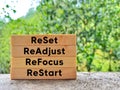 Inspirational and Motivational Concept - reset readjust refocus restart text background. Stock photo. Royalty Free Stock Photo