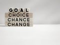 Inspirational and motivational concept - text GOAL CHOICE CHANCE CHANGE background. Stock photo.