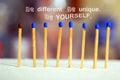 Inspirational motivational quote - Be different, be unique, be yourself. With wooden match sticks standing on bright background.