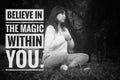 Inspirational motivational quote - Believe in the magic within you. With woman sitting on park, hands on chest with closed eyes. Royalty Free Stock Photo