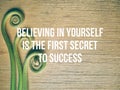 Inspirational and motivational quote of believing in yourself is the first secret to success in vintage style background. Royalty Free Stock Photo