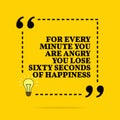 Inspirational motivational quote. For every minute you are angry you lose sixty second of happiness. Vector simple design