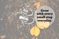 Inspirational motivational quote - Grow with every small step everyday. On soft retro colors background of shoes and autumn leaves