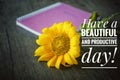 Inspirational motivational quote - Have a beautiful and productive day. With flat lay concept of fresh smiling sunflower blossom