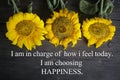 Inspirational motivational quote - I am in charge of how i feel today. I am choosing happiness. With yellow sun flowers on rustic Royalty Free Stock Photo