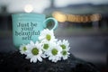 Just be your beautiful self. Text message on a coffee cup with white flowers on light bokeh background.