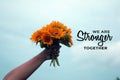 Inspirational motivational quote - We are stronger together. Team teamwork and togetherness concept with sunflowers in hand.