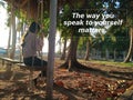 Inspirational motivational quote - The way you speak to yourself matters. With young girl alone on a swing with warm sunlight