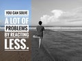 Motivational quote - You can solve a lot of problems by reacting less. With young woman on tree yoga pose onthe beach. Royalty Free Stock Photo