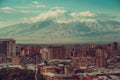 Inspirational mountain view. Yerevan cityscape. Travel to Armenia. Tourism industry. Mount Ararat on background. Armenian architec