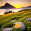 Inspirational Nature. A serene landscape photograph of a peaceful meadow at sunrise with a single flower