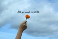 Inspirational quote - All we need is now. Motivational words concept with hand holding a flower against bright blue sky background Royalty Free Stock Photo