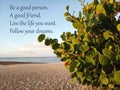 Inspirational quote- Be a good person. A good friend. Live the life you want. Follow your dreams. With white sandy beach under Royalty Free Stock Photo
