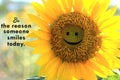 Inspirational quote - Be the reason someone smiles today. With closeup of beautiful smiling sunflower blossom in the garden Royalty Free Stock Photo