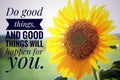Inspirational quote - Do good things, and good things will happen for you. With closeup background of beautiful sunflower blossom. Royalty Free Stock Photo