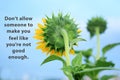 Inspirational quote - Do not allow someone to make you feel like you are not good enough. With back of sunflower blooming.