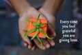 Inspirational quote - Every time you feel grateful, you are giving love. With young woman holding a small cute gift box.