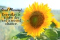 Inspirational quote - Good Morning. Everyday is a new day and a second chance. With sunflower blossom on a field.