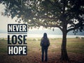 Inspirational quote - Never lose hope. With woman standing under the tree looking nature lake view as background