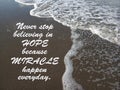 Inspirational quote- Never stop believing in HOPE because MIRACLES happen everyday. With waves flow pattern on black sands in the