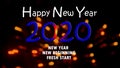 Inspirational quote - New year, new beginning, fresh start. With 2020 Text with fireworks at night in black background.