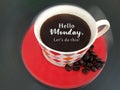 Inspirational quote or text greeting - Hello Monday. Lets do this. Morning coffee. A cup of black coffee and raw coffee beans.