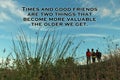 Inspirational quote - Times and good friends are two things that become more valuable the older we get. With meadow background.