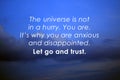 Inspirational quote - The universe is not in a hurry. Your are. It is why you are anxious and disappointed. Let go and trust.