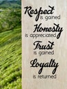 Inspirational quote - 'respect is earned honesty is appreciated trust is gained loyalty is returned'.