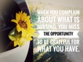 Inspirational quote - When you complain about what is missing, you miss the opportunity to be grateful for what you have.