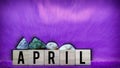 inspirational time concept - word april on wooden blocks with seashells in purple vintage background
