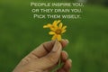 Inspirational words - People inspire you, or they drain you. Pick them wisely. With two beautiful little daisy flowers in hand. Royalty Free Stock Photo