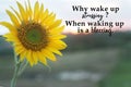 Inspirational words - Why wake up stressing? When waking up is a blessing. Gratefulness and hope concept with sunflower.