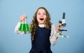 Inspire. back to school. child study bilogy lesson. Discover future. science research in lab. Small genius girl with Royalty Free Stock Photo