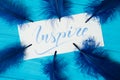 Inspire. Beautiful blue letters on canvas in feathers frame. Calligraphy script. Art of writing letters. Background