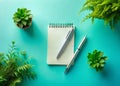 Inspire Creativity Empty Notepad Pen and Lush Greenery on a Turquoise Background for a Peaceful Workspace A Calm