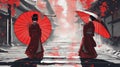 inspired anime cartoon, anime geisha with red umbrella cartoon character