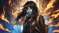 inspired anime cartoon, anime mysterious young woman with black hair blue eyes golden gas mask black leather knife