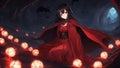 inspired anime cartoon, anime seductive anime black hair red eyes red dress black cloak lantern playful dark cave bat