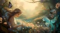 Art nouveau fairy illustration in a magical sunlit forest desktop wallpaper screensaver Royalty Free Stock Photo