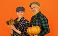 Inspired by autumn nature. Autumn family harvest. Happy Thanksgiving day. Happy halloween. couple hold pumpkin. man and